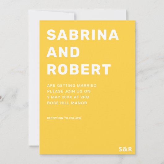 モダンはっきりした&ブライトイエロータイポグラフィ結婚ズ 招待状 (正面)