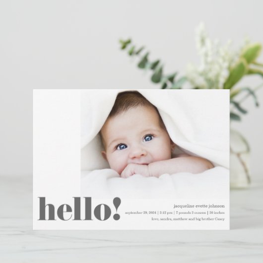 モダンはっきりしたHello Photo Birth発表 案内状 (スタンド正面)