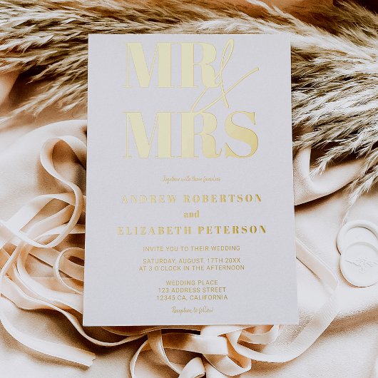 モダンはっきりしたMr.Mrsブラックフォト結婚ズ 箔招待状