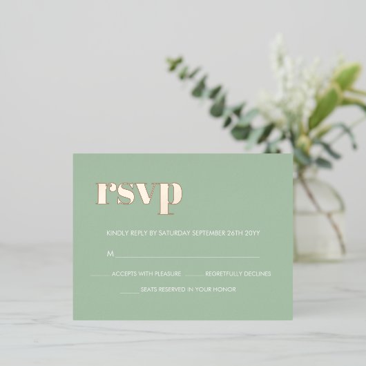 モダンはっきりしたSage Green実在バラ金ゴールドRSVP 箔招待状ポストカード (立ち正面)