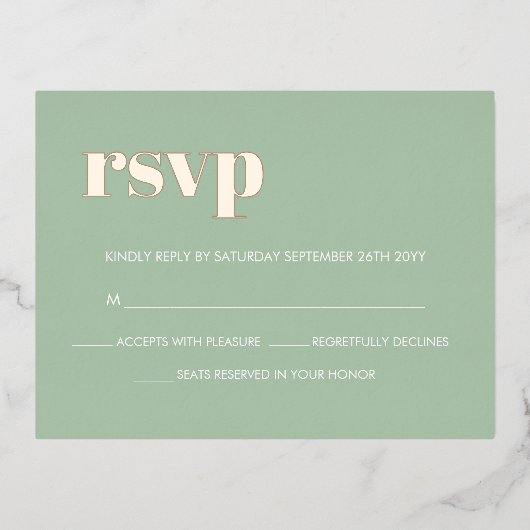 モダンはっきりしたSage Green実在バラ金ゴールドRSVP 箔招待状ポストカード (正面)