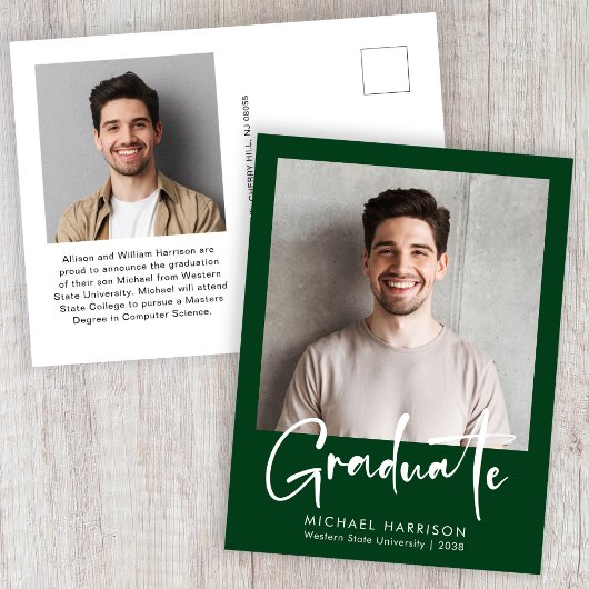 モダンはっきりしたScript Photo Green卒業 案内ポストカード