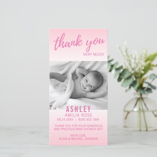 モダンはピンク|が写真を加えるベビーシャワーの女の子感謝していしています サンキューカード (スタンド正面)