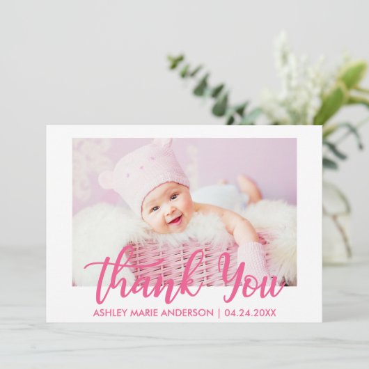 モダンは新生児のショッキングピンク感謝していしています サンキューカード (スタンド正面)