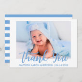 モダンは新生児の男の子の青い縞感謝していしています サンキューカード (正面/裏面)