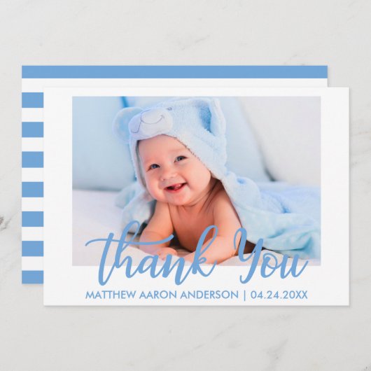 モダンは新生児の男の子の青い縞感謝していしています サンキューカード (正面/裏面)