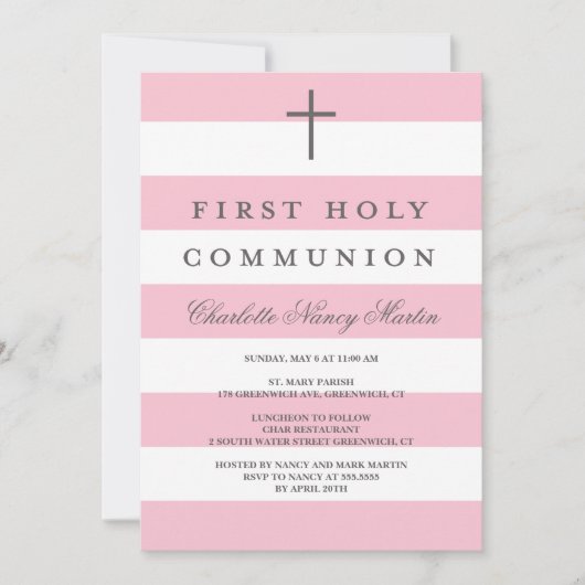 モダンは最初聖餐の招待状のピンクを縞で飾ります 招待状 (正面)