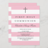 モダンは最初聖餐の招待状のピンクを縞で飾ります 招待状 (正面/裏面)