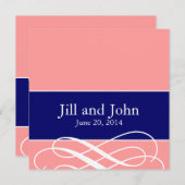 モダンは珊瑚の濃紺結婚式招待状の渦巻きます 招待状 (正面/裏面)