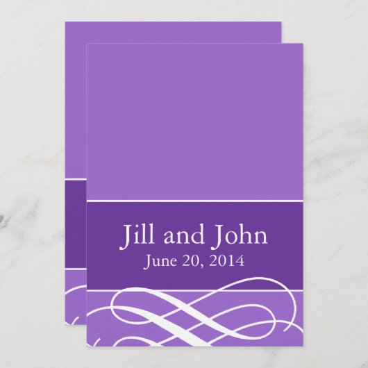 モダンは薄紫結婚式招待状の紫色の渦巻きます 招待状 (正面/裏面)