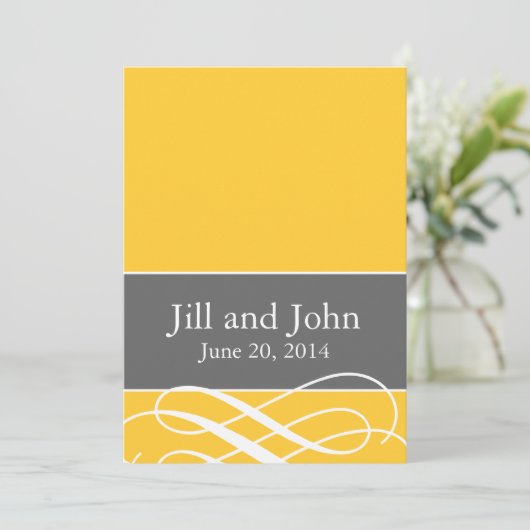 モダンは黄色い灰色結婚式招待状の渦巻きます 招待状 (スタンド正面)