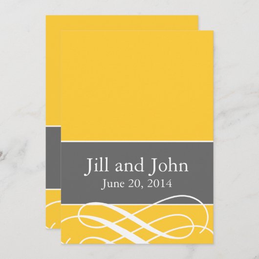 モダンは黄色い灰色結婚式招待状の渦巻きます 招待状 (正面/裏面)