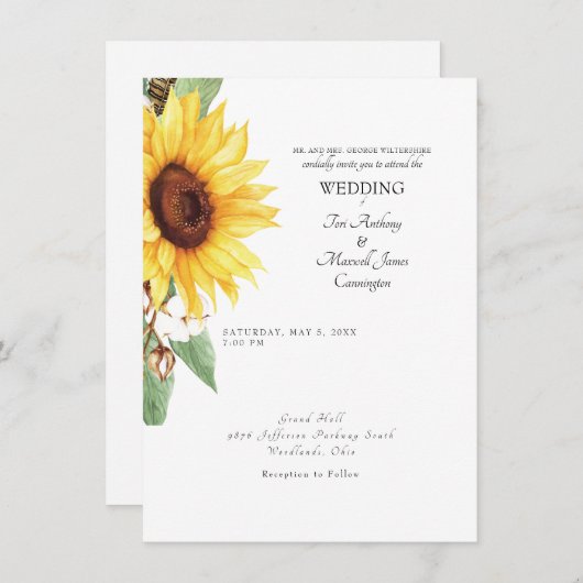 モダンひまわり嫁の親シンプルの結婚家族 招待状 (正面/裏面)