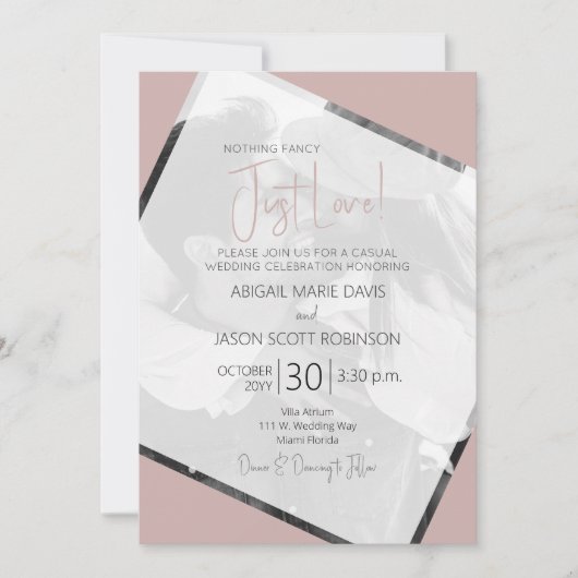💍💖モダンほこりっぽいバラ「Just Love」カジュアル結婚の 招待状 (正面)