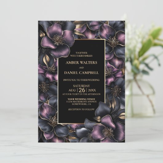 モダンほこりっぽいピンクとグレーのフローラ結婚ズ 招待状 (スタンド正面)