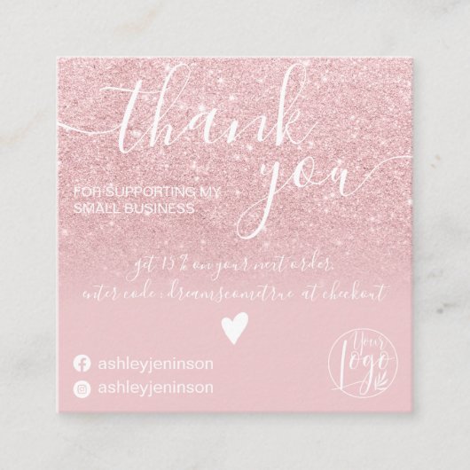 モダンほこりっぽいピンクのグリッターグラデーションをオ感謝していーダート スクエア名刺 (正面)