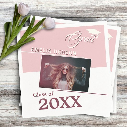 モダンほこりっぽいピンクの卒業写真卒業パーティー スタンダードカクテルナプキン