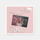 モダンほこりっぽいピンクの卒業写真卒業パーティー スタンダードカクテルナプキン (正面)