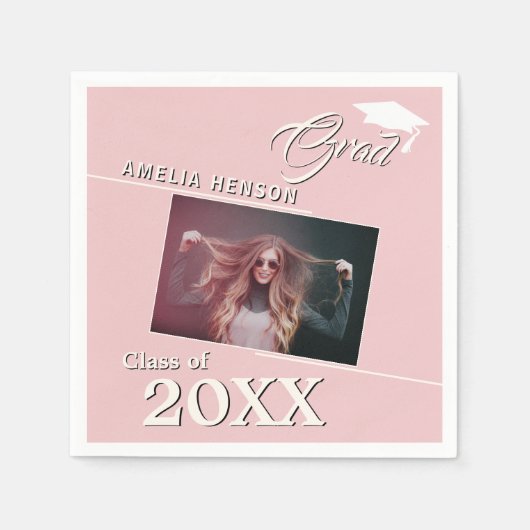 モダンほこりっぽいピンクの卒業写真卒業パーティー スタンダードカクテルナプキン (正面)