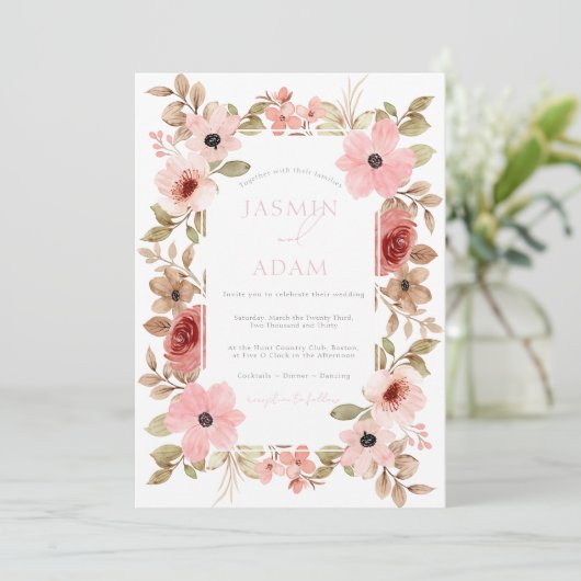 モダンほこりっぽいピンクフローラ結婚バラ 招待状 (スタンド正面)