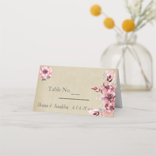 モダンほこりっぽいピンク結婚ローズ プレイスカード (正面)