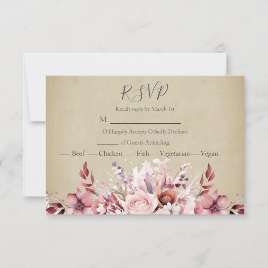 モダンほこりっぽいピンク結婚ローズ 出欠カード (正面)