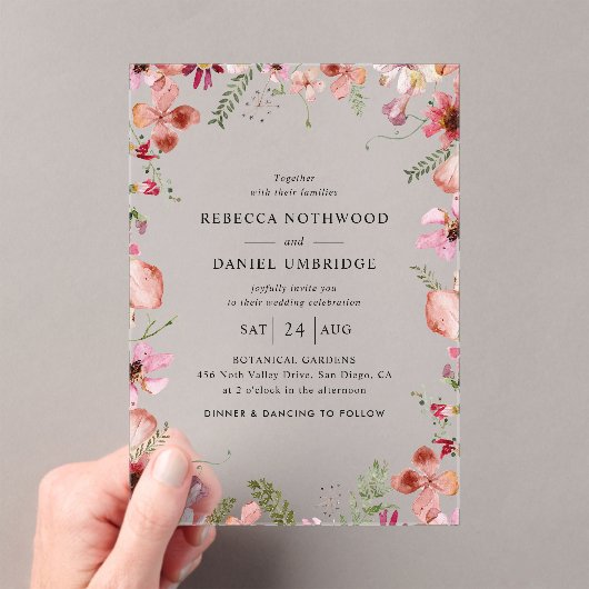 モダンほこりっぽいピンク結婚色の花 アクリル招待状 (インサイチュ (ポータブル))