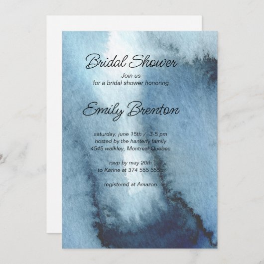 モダンほこりっぽいブルーネイビーブライダルシャワー 招待状 (正面/裏面)