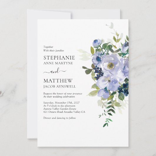 モダンほこりっぽい紫の水彩植物結婚の 招待状 (正面)