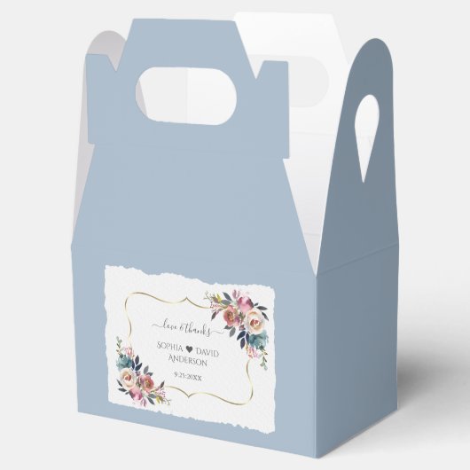 モダンほこりっぽい青いピンクの花の金ゴールド結婚の フェイバーボックス (オープン)