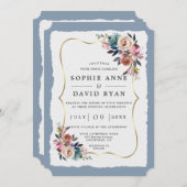 モダンほこりっぽい青いピンクの花の金ゴールド結婚の 招待状 (正面/裏面)