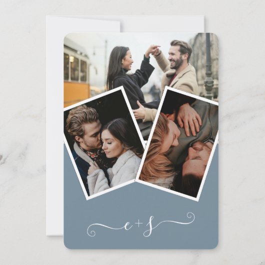 モダンほこりっぽい青い写真結婚イニシャル 招待状 (裏面)
