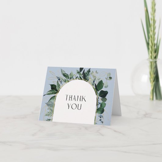 モダンほこりっぽい青い水色の緑の植物学 サンキューカード (正面)