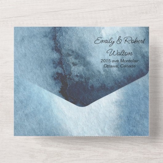 モダンほこりっぽい青い海軍 オールインワン招待状 (裏面)