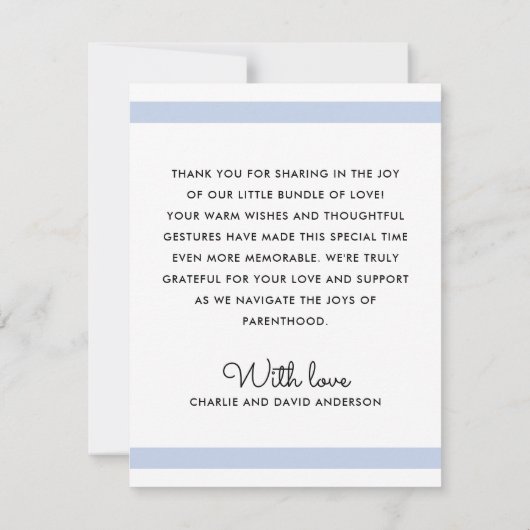 モダンほこりっぽい青い白い新生児バプテスマ写真 サンキューカード (裏面)