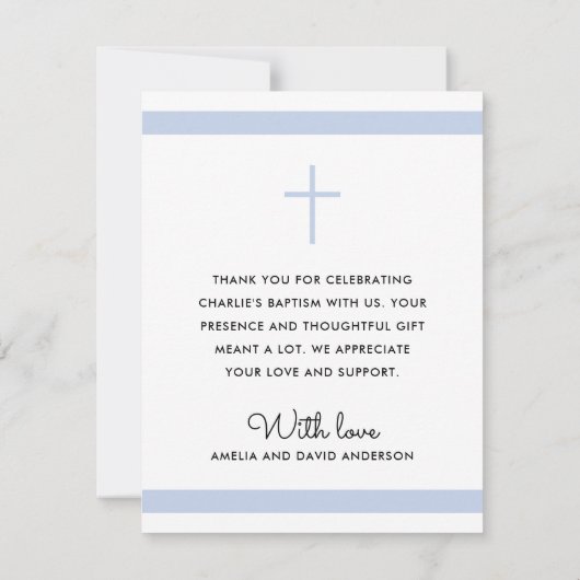 モダンほこりっぽい青い白い洗礼《キリスト教》洗礼式や命名式写真 サンキューカード (裏面)