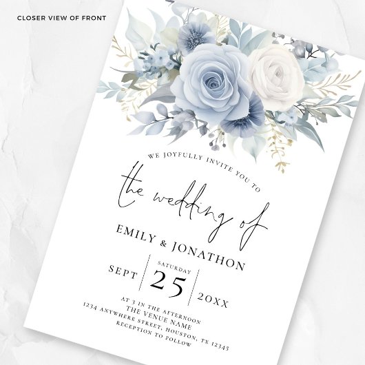 モダンほこりっぽい青い花模様結婚写真 招待状