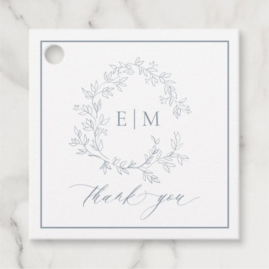 モダンほこりっぽい青い葉冠モノグラム結婚ズ フェイバータグ (正面)