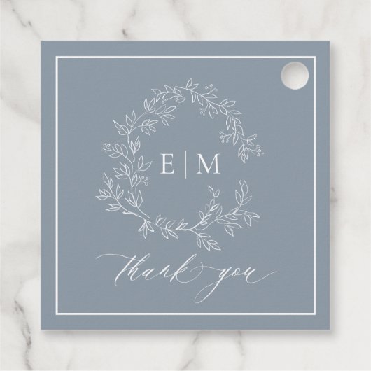 モダンほこりっぽい青い葉冠モノグラム結婚ズ フェイバータグ (裏面)