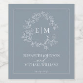 モダンほこりっぽい青い葉冠モノグラム結婚ズ ワインラベル (シングルラベル)