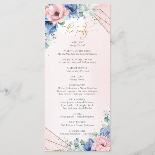 モダンほこりっぽい青とバラの金ゴールドの結婚花 プログラム (裏面)