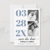 モダンほこりっぽい青と白のタイポグラフィ2枚の写真 セーブザデート (正面)