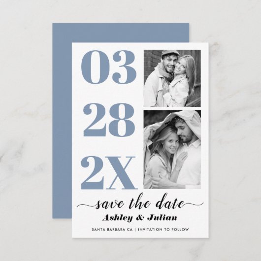 モダンほこりっぽい青と白のタイポグラフィ2枚の写真 セーブザデート (正面/裏面)