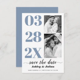 モダンほこりっぽい青と白のタイポグラフィ2枚の写真 セーブザデート