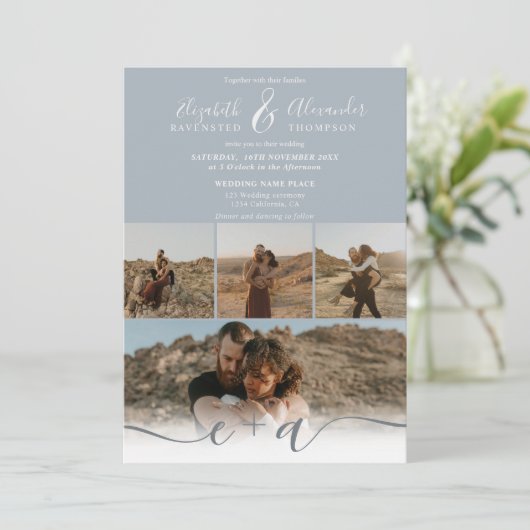 モダンほこりっぽい青シック5枚の写真ス結婚クリプト 招待状 (スタンド正面)