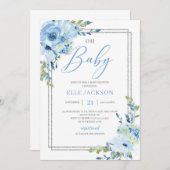 モダンほこりっぽい青フローラ銀フレームohベビー 招待状 (正面/裏面)
