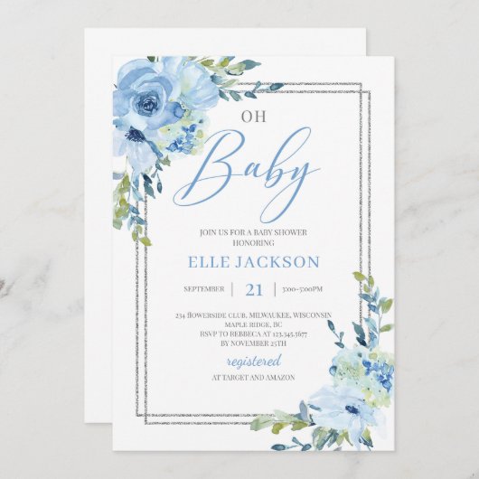 モダンほこりっぽい青フローラ銀フレームohベビー 招待状 (正面/裏面)