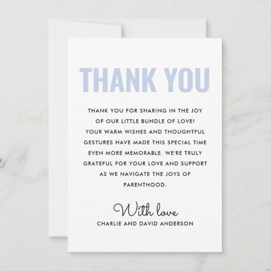 モダンほこりっぽい青新生児写真誕生 案内状 (裏面)