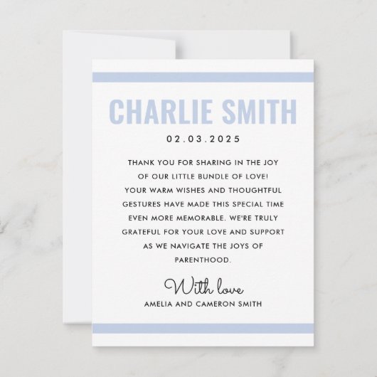 モダンほこりっぽい青新生児誕生写真 案内状 (裏面)