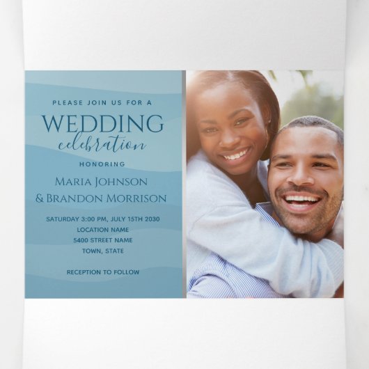 モダンほこりっぽい青海波写真結婚の 三つ折り招待状 (内部中)